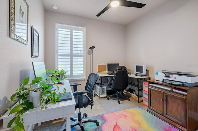 816 Creekwood Dr, Ormond Beach, FL 32174 - home office with a ceiling fan and light wood-style flooring