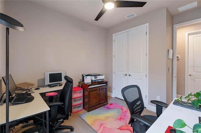 816 Creekwood Dr, Ormond Beach, FL 32174 - office with a ceiling fan, visible vents, and light wood-style flooring