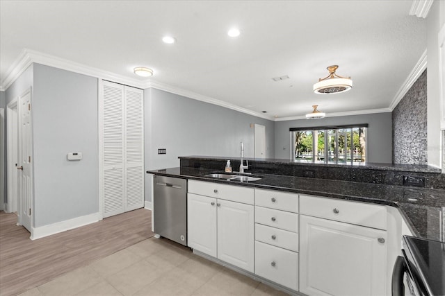 kitchen featuring dishwasher, a sink, ornamental molding, white cabinetry, and dark stone counters