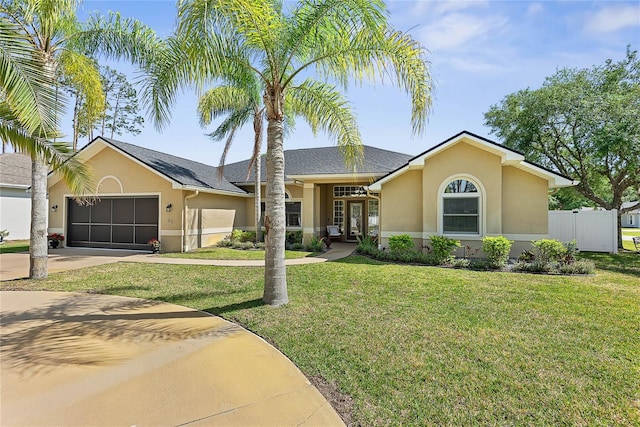 65 Esperanto Dr, Palm Coast, FL 32164 - single story home featuring french doors, concrete driveway, an attached garage, a front yard, and stucco siding