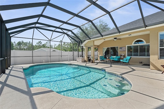 65 Esperanto Dr, Palm Coast, FL 32164 - view of pool with outdoor lounge area, a fenced in pool, a ceiling fan, glass enclosure, and a patio