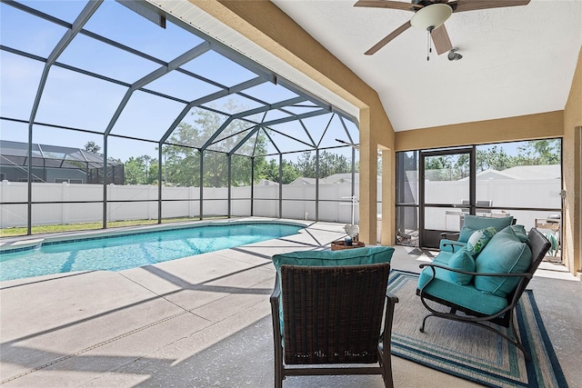 65 Esperanto Dr, Palm Coast, FL 32164 - view of pool featuring a patio area, outdoor lounge area, a ceiling fan, a fenced backyard, and a fenced in pool