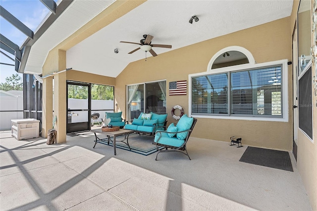 65 Esperanto Dr, Palm Coast, FL 32164 - view of patio / terrace featuring an outdoor hangout area, ceiling fan, and fence