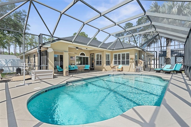 65 Esperanto Dr, Palm Coast, FL 32164 - view of pool with a patio area, a fenced in pool, a ceiling fan, and an outdoor living space