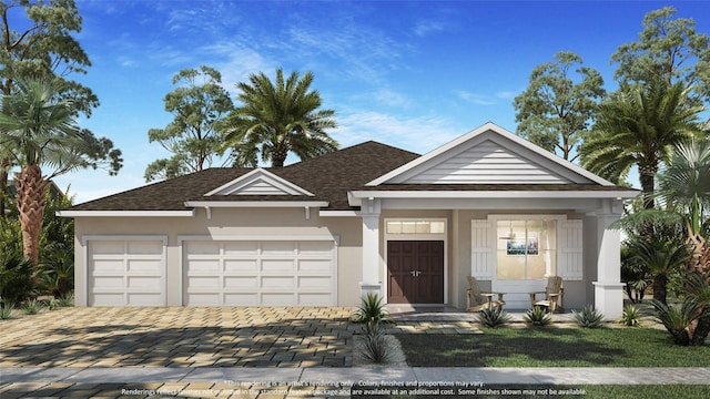 view of front of property with roof with shingles, a garage, stucco siding, a porch, and decorative driveway
