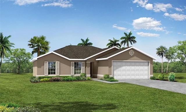 single story home featuring a front yard, an attached garage, driveway, and stucco siding
