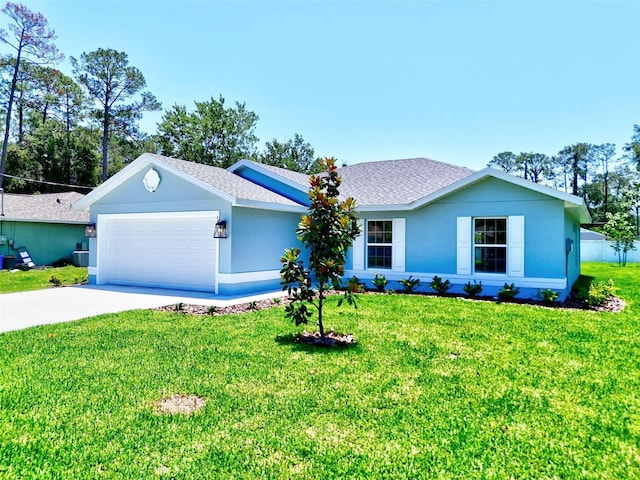 55 Ryan Dr, Palm Coast, FL 32164 - ranch-style house featuring a garage, concrete driveway, a shingled roof, a front yard, and stucco siding