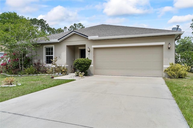 47 Raleigh Dr, Palm Coast, FL 32164 - single story home featuring concrete driveway, a shingled roof, stucco siding, a front lawn, and a garage
