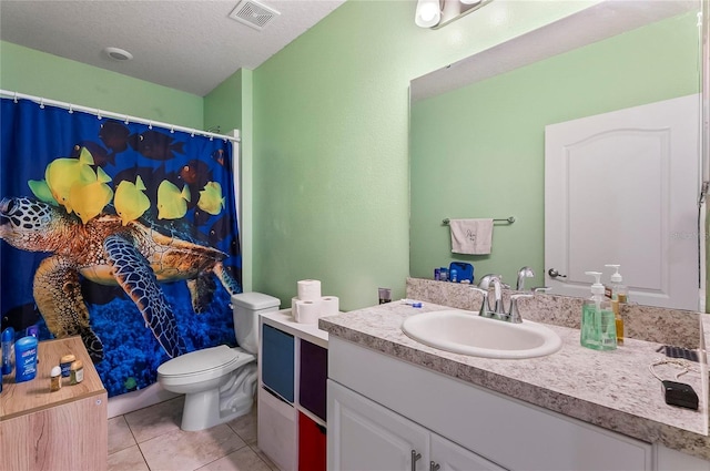 47 Raleigh Dr, Palm Coast, FL 32164 - bathroom featuring a textured ceiling, visible vents, toilet, tile patterned floors, and vanity