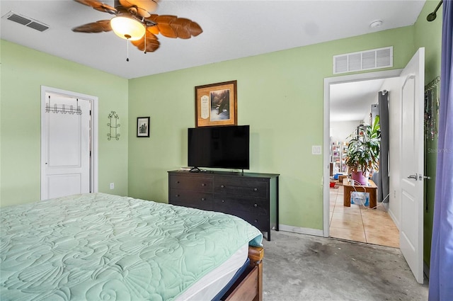 47 Raleigh Dr, Palm Coast, FL 32164 - bedroom featuring a ceiling fan, visible vents, unfinished concrete flooring, and baseboards