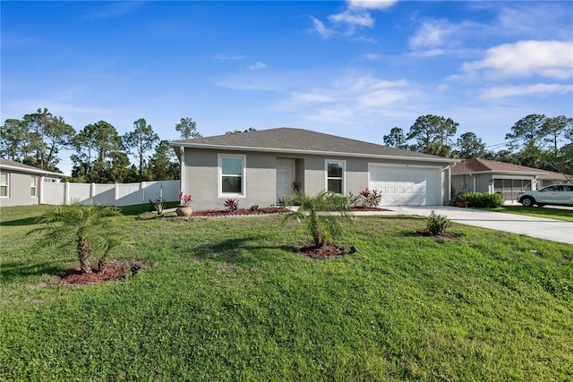 64 Princess Ruth Ln, Palm Coast, FL 32164 - single story home with a front lawn, driveway, an attached garage, fence, and stucco siding