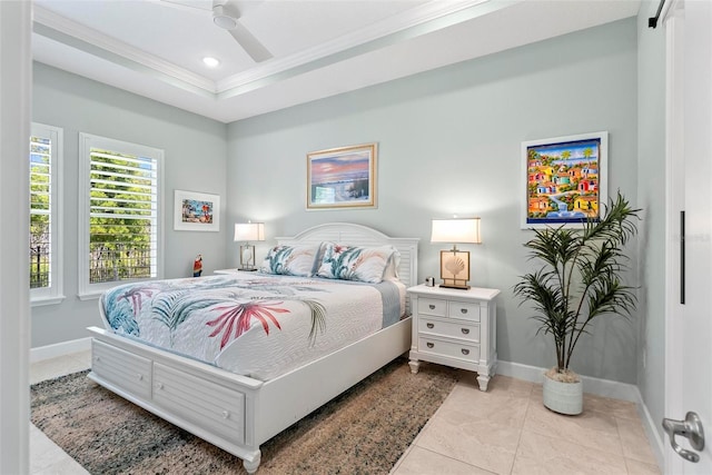 bedroom featuring baseboards, tile patterned flooring, ceiling fan, crown molding, and a raised ceiling