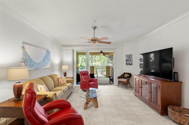 living area with a textured ceiling, ceiling fan, and crown molding