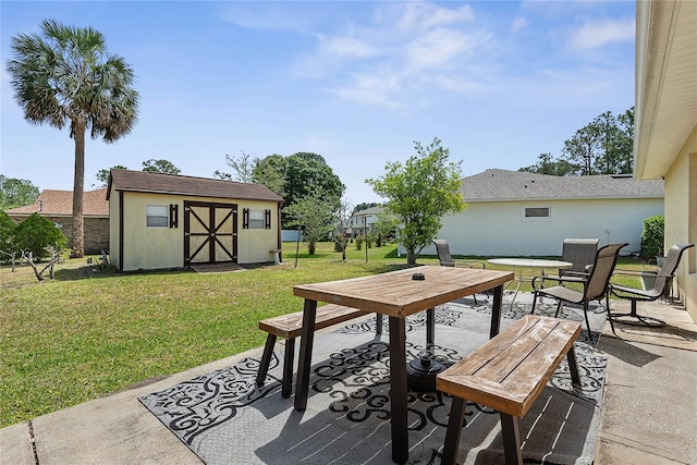 9 Pittman Dr, Palm Coast, FL 32164 - view of patio / terrace featuring a storage unit, an outbuilding, and outdoor dining space