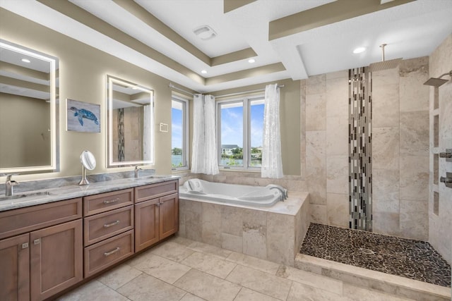 2590 Palm Ave, Flagler Beach, FL 32136 - bathroom featuring a garden tub, a walk in shower, double vanity, tile patterned flooring, and recessed lighting