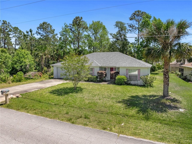 ranch-style house with concrete driveway, a front lawn, stucco siding, and a garage