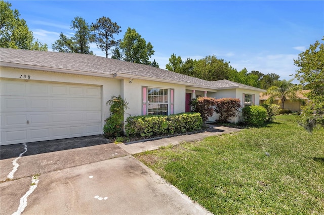 single story home with concrete driveway, a front yard, a garage, stucco siding, and roof with shingles