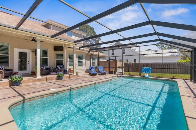 28 Cinnamon Grove Ln, Palm Coast, FL 32137 - view of pool featuring fence, ceiling fan, outdoor lounge area, a fenced in pool, and a patio area