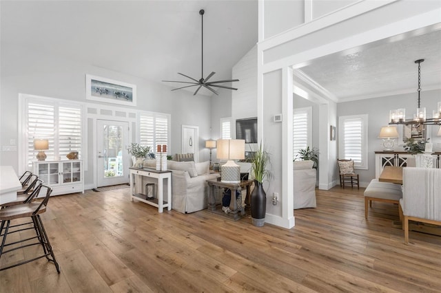 28 Cinnamon Grove Ln, Palm Coast, FL 32137 - living area with a towering ceiling, ceiling fan with notable chandelier, wood finished floors, and a wealth of natural light