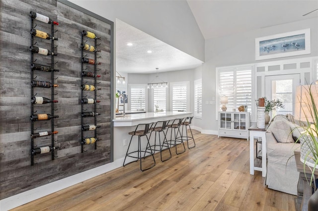 28 Cinnamon Grove Ln, Palm Coast, FL 32137 - wine cellar featuring recessed lighting, baseboards, hardwood / wood-style flooring, and high vaulted ceiling
