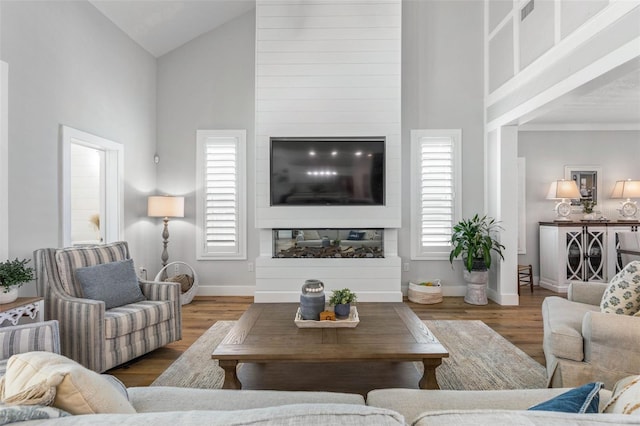 28 Cinnamon Grove Ln, Palm Coast, FL 32137 - living room with baseboards, wood finished floors, and high vaulted ceiling