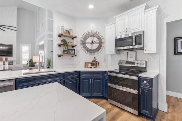 28 Cinnamon Grove Ln, Palm Coast, FL 32137 - kitchen featuring white cabinets, open shelves, a sink, stainless steel appliances, and blue cabinets