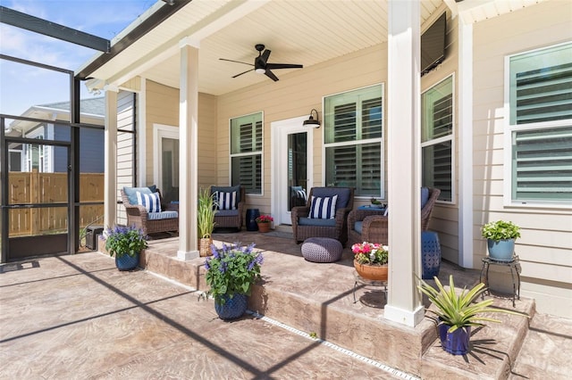 28 Cinnamon Grove Ln, Palm Coast, FL 32137 - view of patio / terrace with an outdoor living space, a ceiling fan, glass enclosure, and a porch