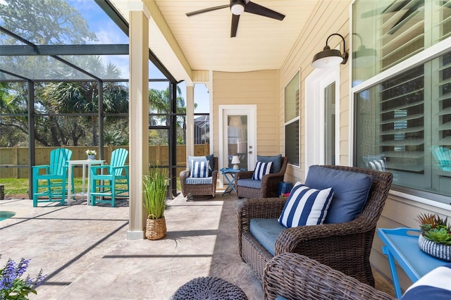 28 Cinnamon Grove Ln, Palm Coast, FL 32137 - view of patio with an outdoor living space, ceiling fan, fence, and glass enclosure