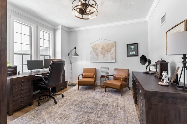 28 Cinnamon Grove Ln, Palm Coast, FL 32137 - office area with a textured ceiling, visible vents, ornamental molding, and wood finished floors