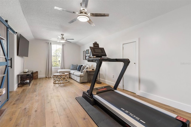 28 Cinnamon Grove Ln, Palm Coast, FL 32137 - workout room with a ceiling fan, a textured ceiling, vaulted ceiling, a barn door, and light wood-style floors