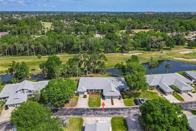 bird's eye view with a residential view, a water view, and view of golf course