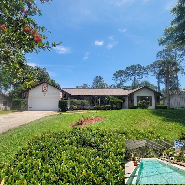 ranch-style home featuring an attached garage, concrete driveway, and a front yard