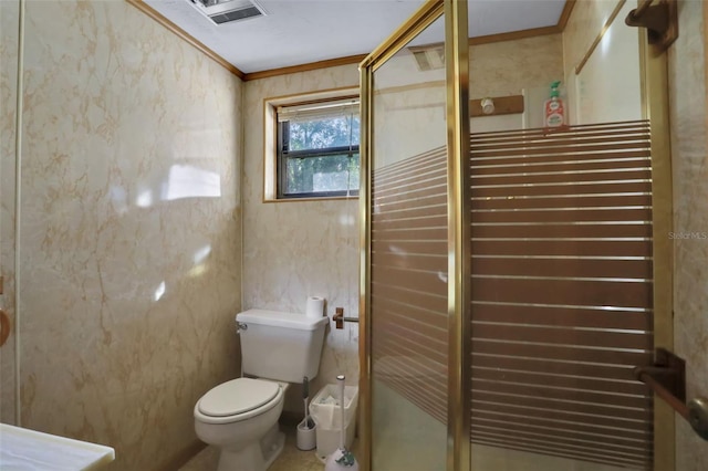 full bathroom with toilet, ornamental molding, visible vents, and a stall shower