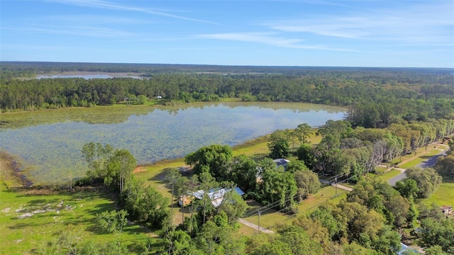 drone / aerial view with a wooded view and a water view