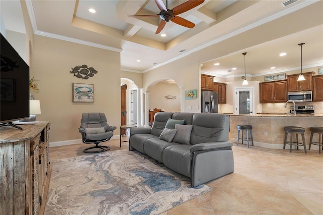 living room featuring coffered ceiling, recessed lighting, arched walkways, and a ceiling fan