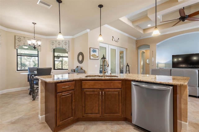 kitchen with light stone counters, stainless steel dishwasher, a sink, visible vents, and ornamental molding