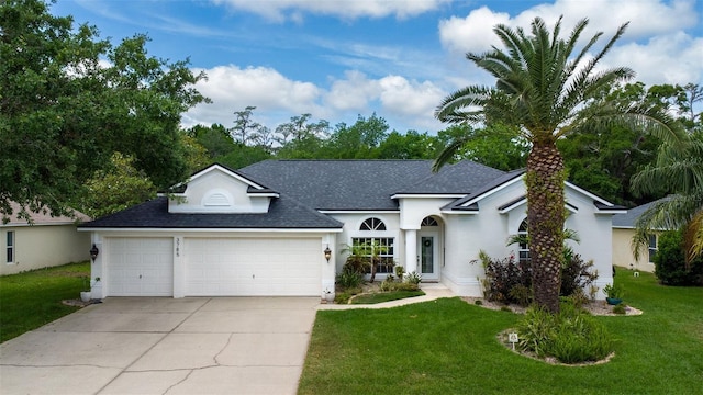 ranch-style house with stucco siding, roof with shingles, a front yard, concrete driveway, and an attached garage