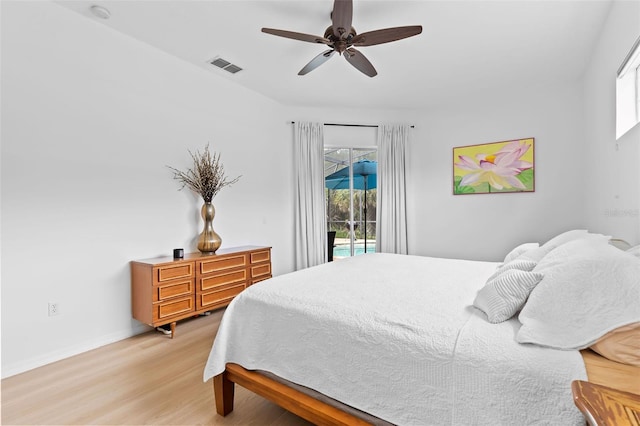 bedroom featuring ceiling fan, access to outside, light wood-type flooring, visible vents, and baseboards