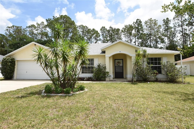 ranch-style house featuring concrete driveway, an attached garage, a front yard, and stucco siding