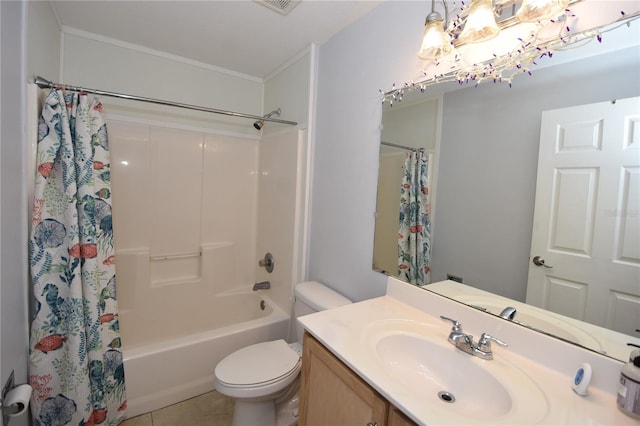 bathroom featuring tile patterned flooring, vanity, toilet, shower / bath combo with shower curtain, and visible vents