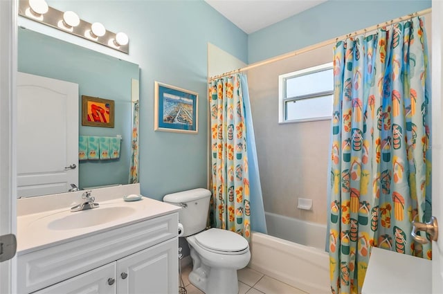 bathroom with vanity, tile patterned floors, shower / bath combo, and toilet