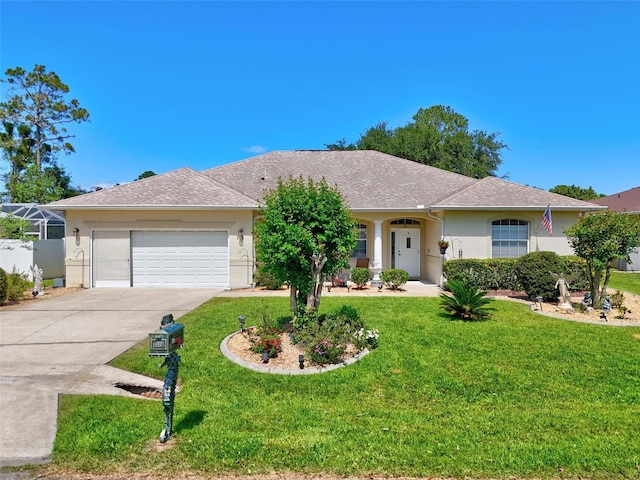 ranch-style home with driveway, a front lawn, and stucco siding