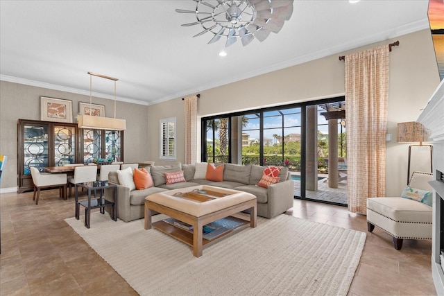 living room featuring recessed lighting and ornamental molding