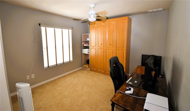 5 Baltimore Ln, Palm Coast, FL 32137 - office area with baseboards, visible vents, light carpet, and a ceiling fan