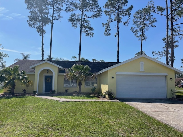 161 Bayside Dr, Palm Coast, FL 32137 - ranch-style house with stucco siding, a front lawn, an attached garage, and concrete driveway