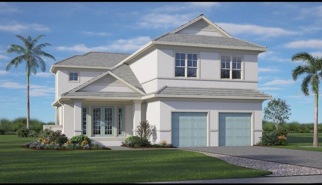view of front of home featuring french doors, a front yard, decorative driveway, an attached garage, and stucco siding