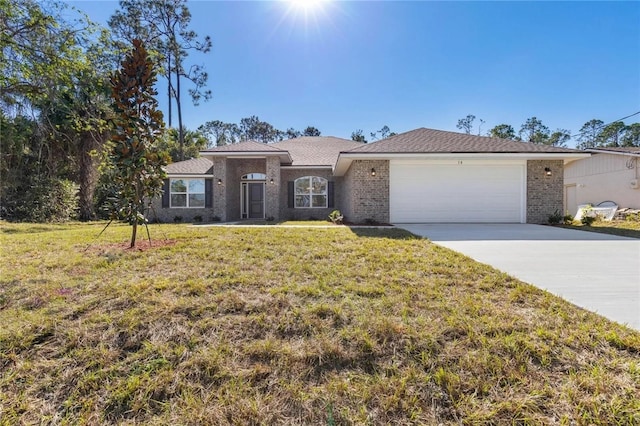 21 Uniondale Pl, Palm Coast, FL 32164 - single story home with a front yard, driveway, an attached garage, and brick siding