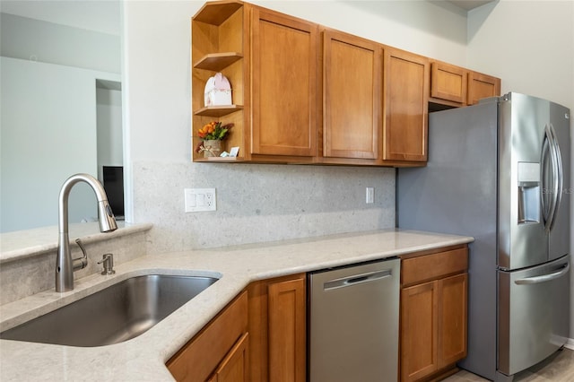 125 Raintree Cir, Palm Coast, FL 32164 - kitchen with a sink, open shelves, backsplash, and appliances with stainless steel finishes