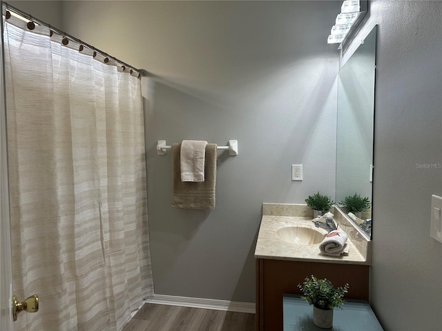 125 Raintree Cir, Palm Coast, FL 32164 - bathroom with vanity, a shower with curtain, baseboards, and wood finished floors