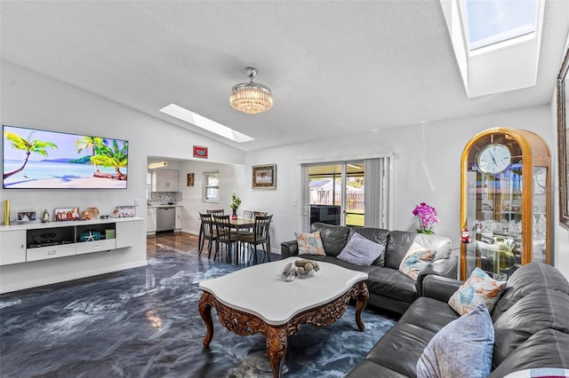 13 Belleaire Dr, Palm Coast, FL 32137 - living area with a textured ceiling, concrete floors, and lofted ceiling with skylight